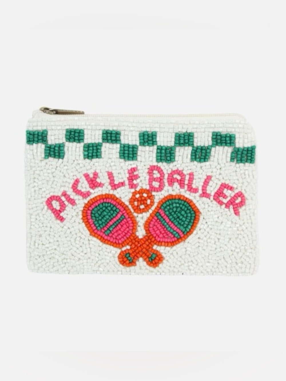 Beaded 'Pickle Baller' Pouch in White with Pink & Green